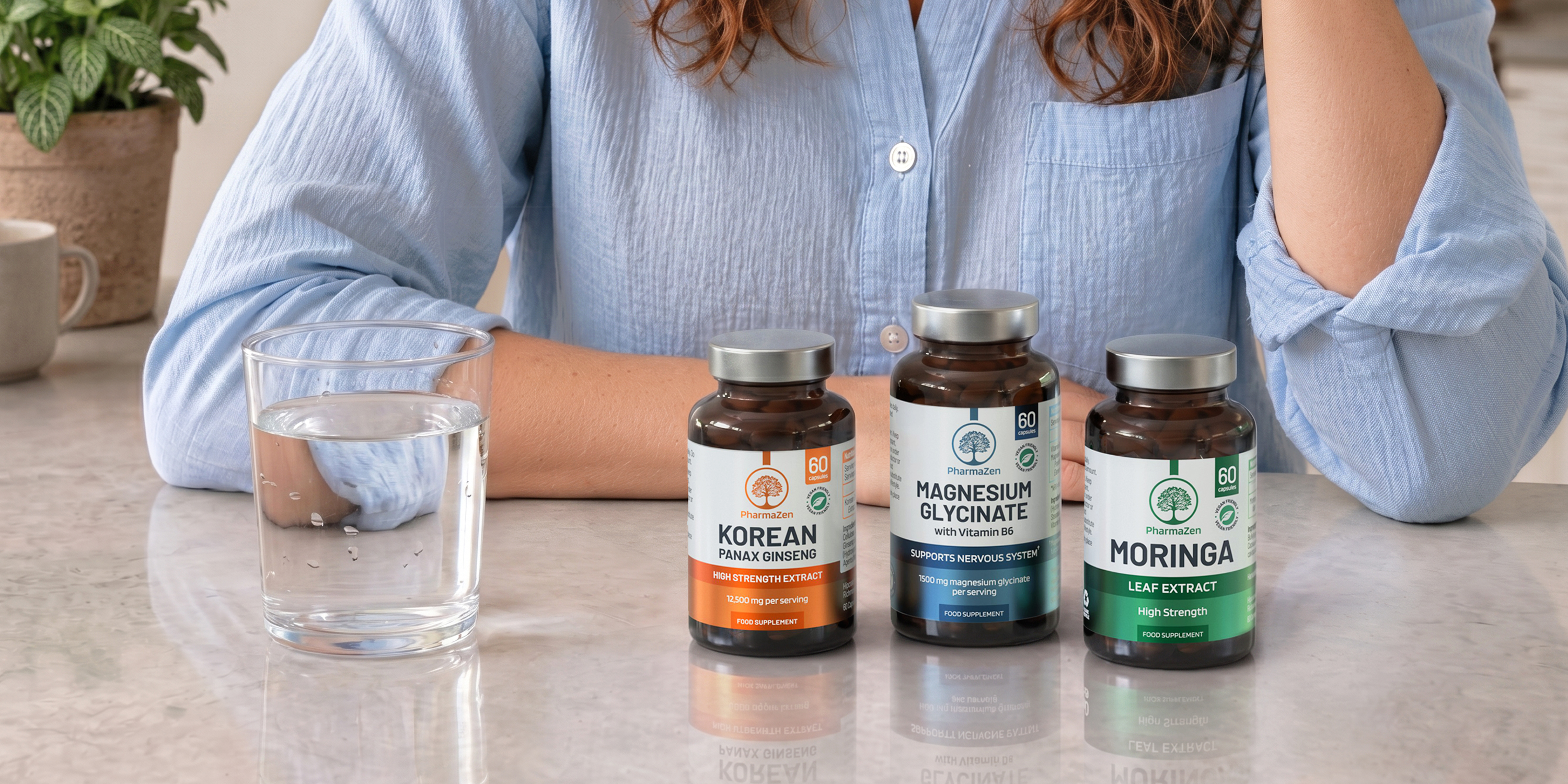 PharmaZen Magnesium Glycinate capsules with Vitamin B6 on a bedside table